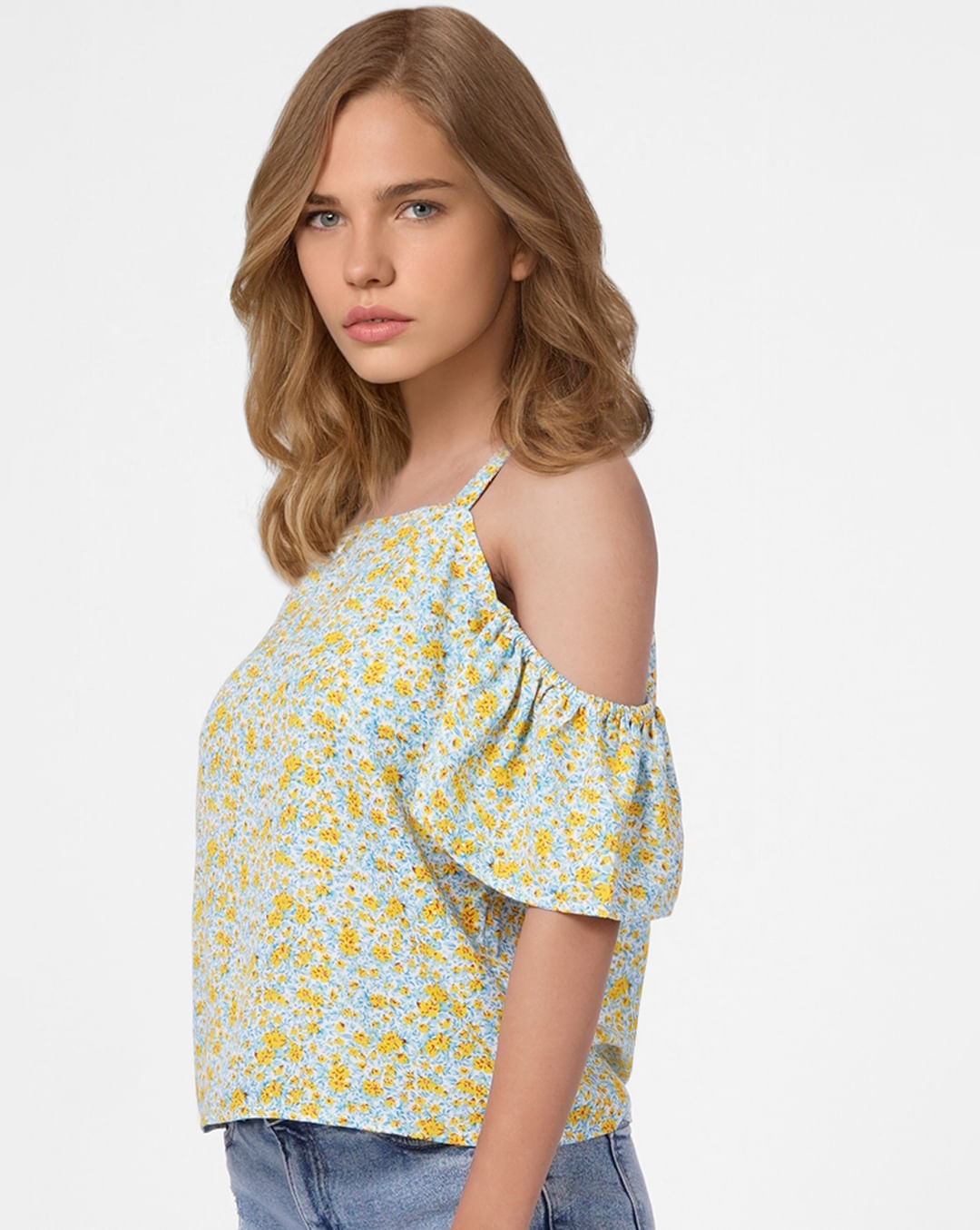 Yellow Floral Cold Shoulder Top