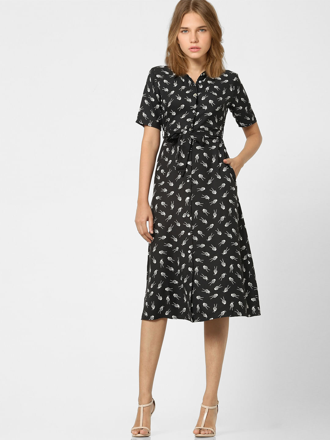 Black printed sale belted dress