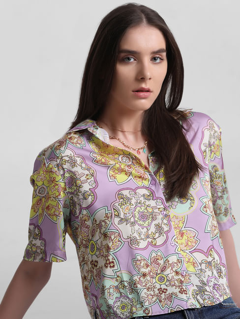 Lavender Floral Print Satin Shirt