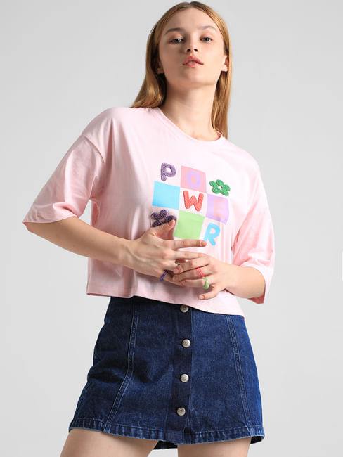Pink Applique Print Boxy T-shirt