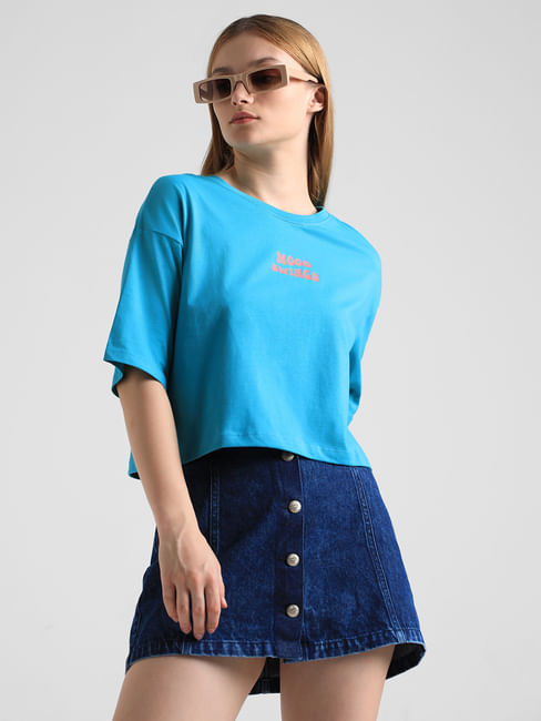 Blue Text Print Boxy Fit T-shirt