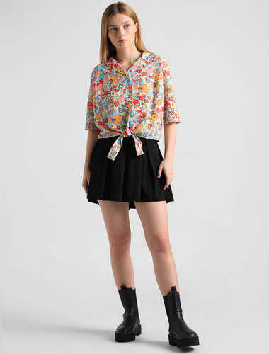 White Printed Front-Knot Shirt