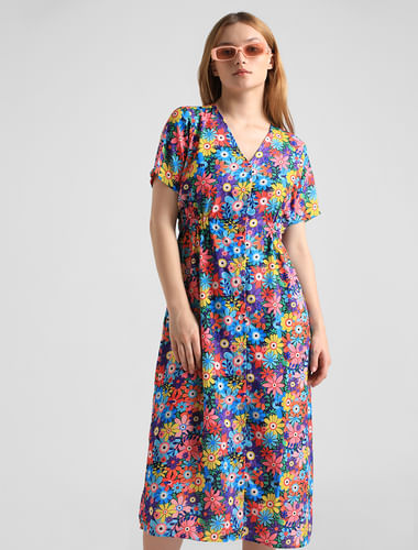 Blue Floral Print Midi Dress