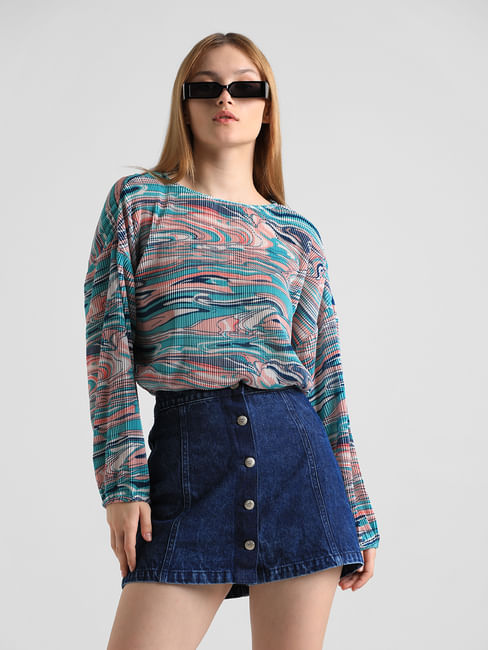 Green Printed Pleated Top