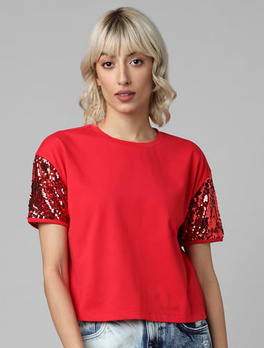 Red Sequinned Sleeves Knit Top