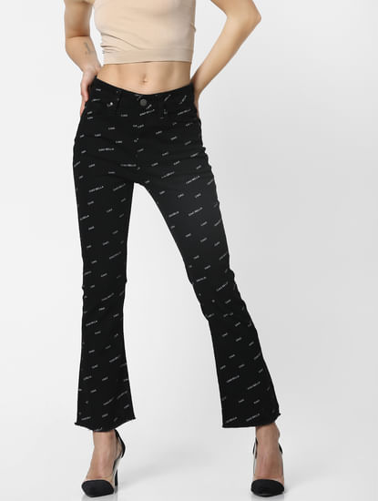 Black Mid Rise All Over Print Bootcut Jeans