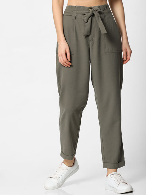 Green High Waist Belted Relaxed Fit Pants