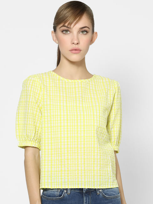 Yellow Check Textured Puff Sleeves Top