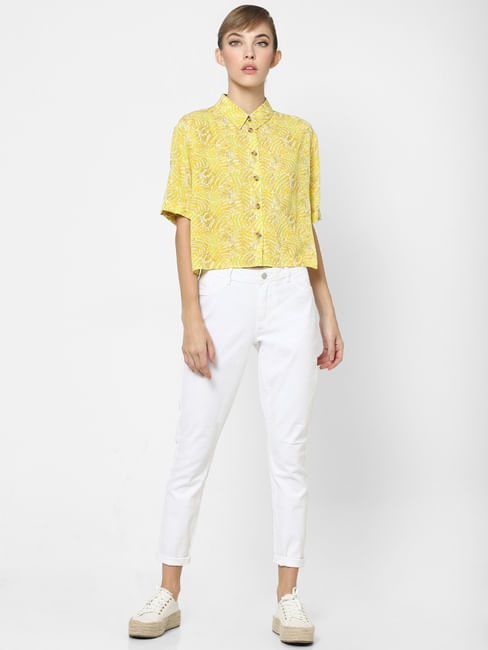 Yellow Leaf Print Button Up Shirt