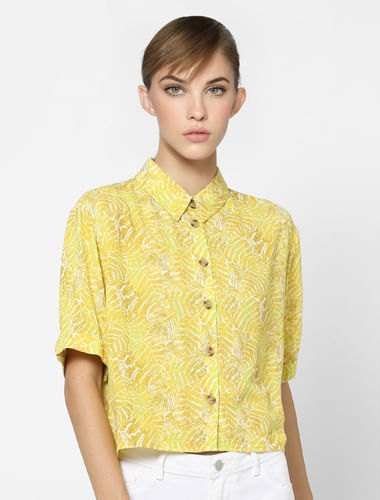 Yellow Leaf Print Button Up Shirt
