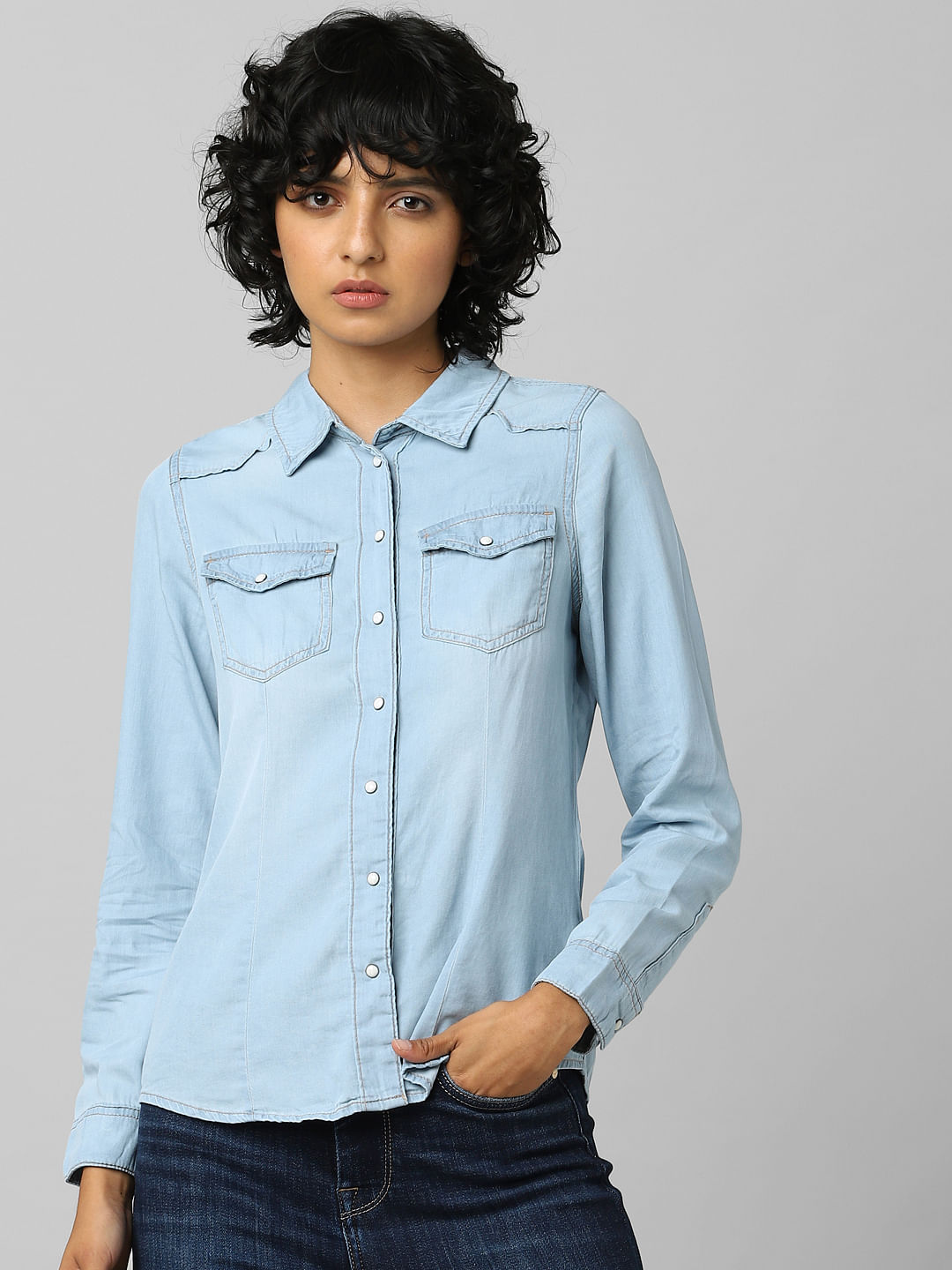 Mini-Length Denim Dress - Collared Button Front / Shirt Style / Light Blue