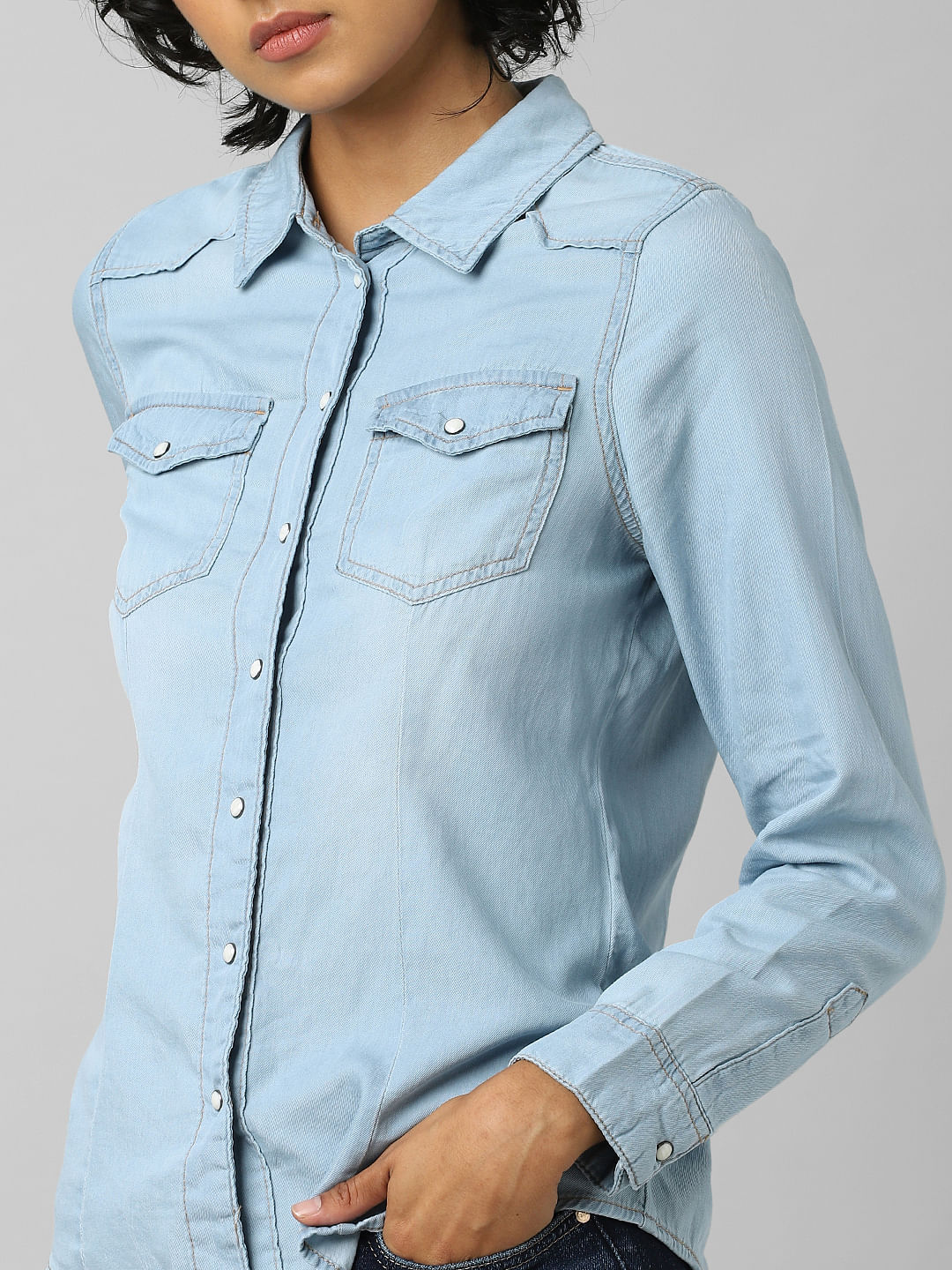 Brigitte - Long-Sleeve Washed Denim Shirt | YesStyle