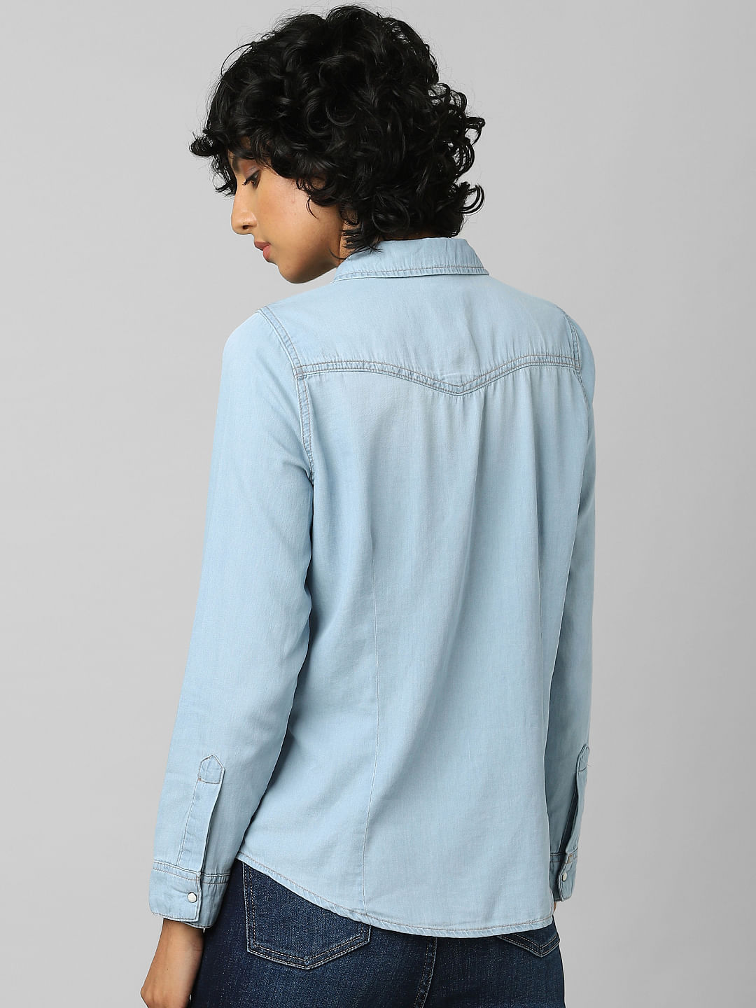 Buy Lady Bird Women Sleeveless Solid Denim Shirt Top, Light Blue, X-Large  Size at Amazon.in