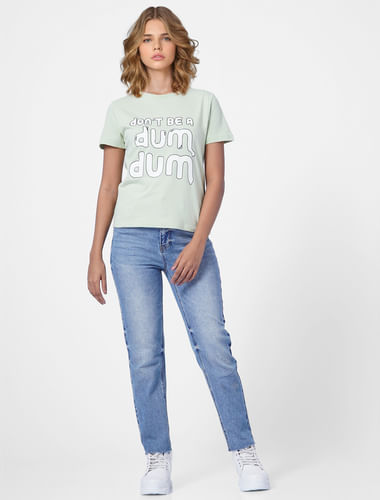 Green Slogan Print T-shirt 