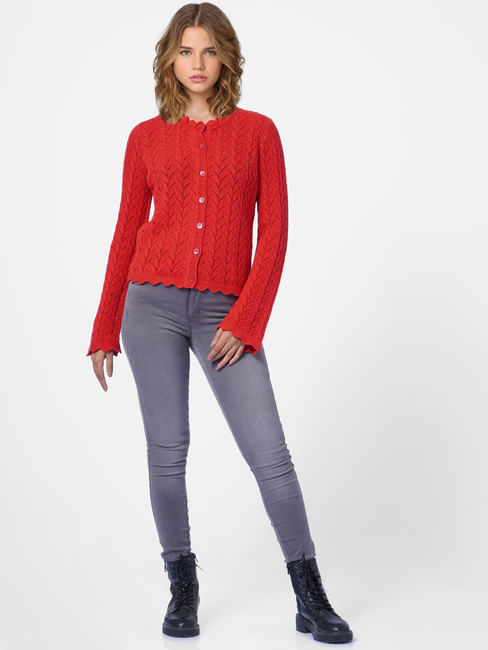 Red Structured-Knit Cardigan