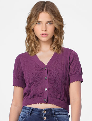 Purple Pointelle-Knit Cropped Cardigan