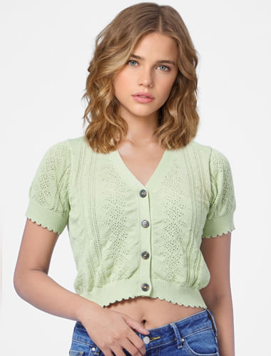 Green Pointelle-Knit Cropped Cardigan