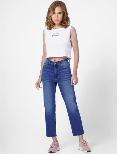 Light Blue Mid Rise Raw-Edge Straight Fit Jeans