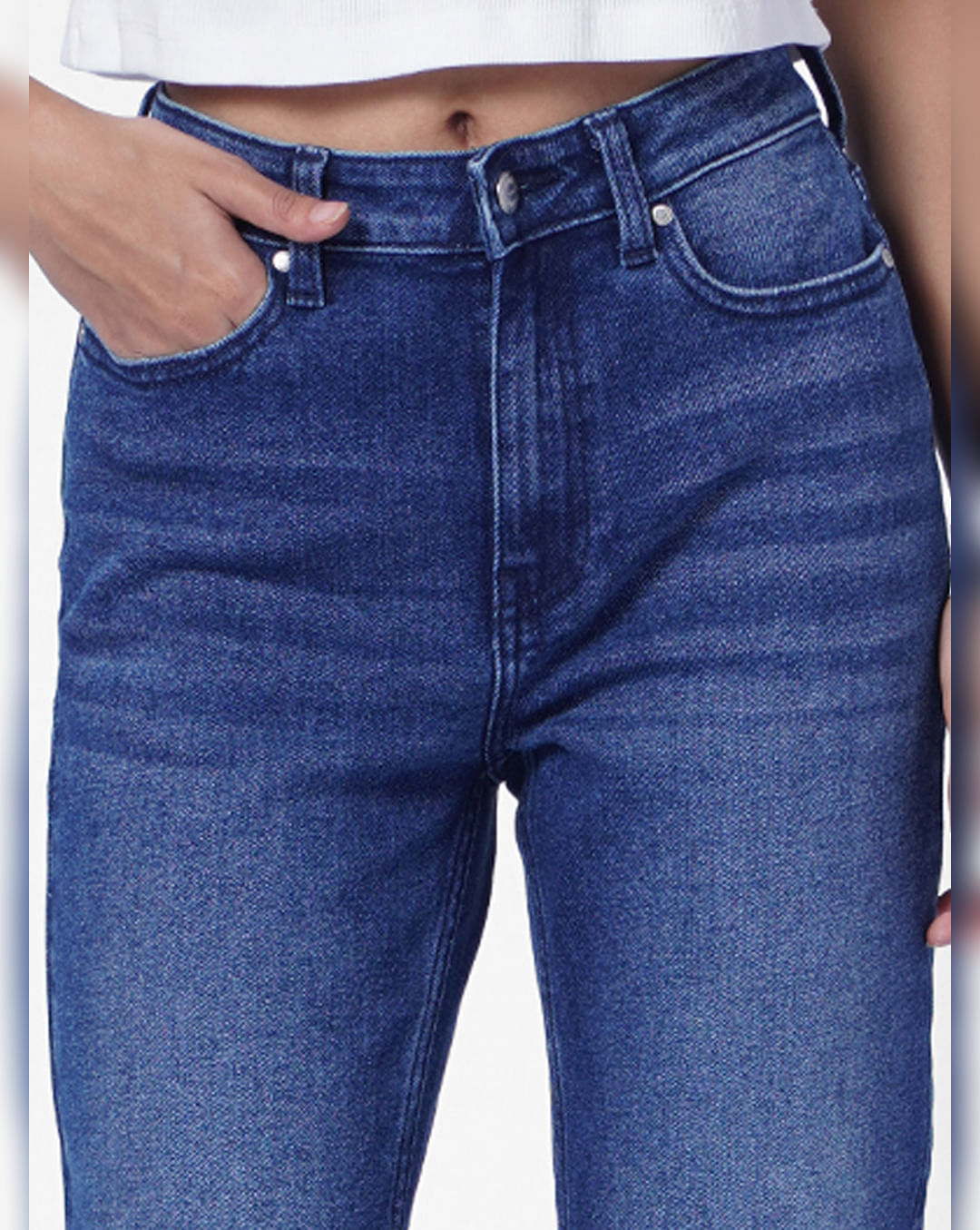 Light Blue Mid Rise Raw-Edge Straight Fit Jeans