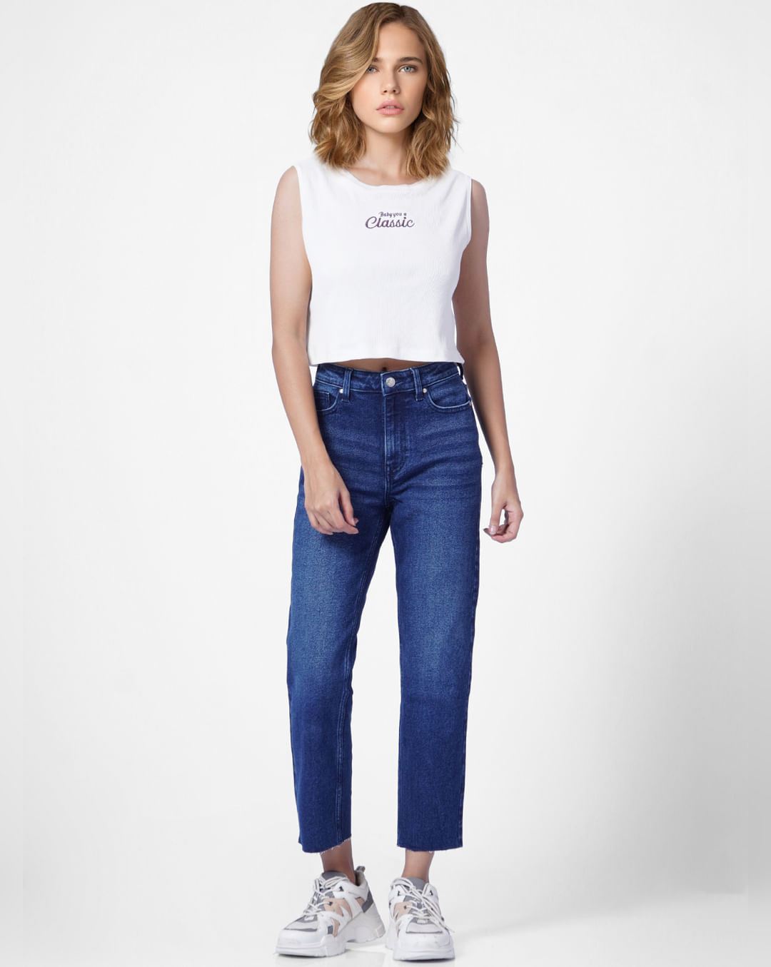 Blue Mid Rise Raw-Edge Straight Fit Jeans