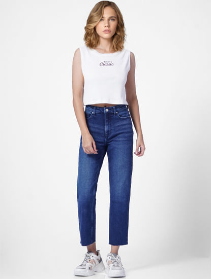 Blue Mid Rise Raw-Edge Straight Fit Jeans