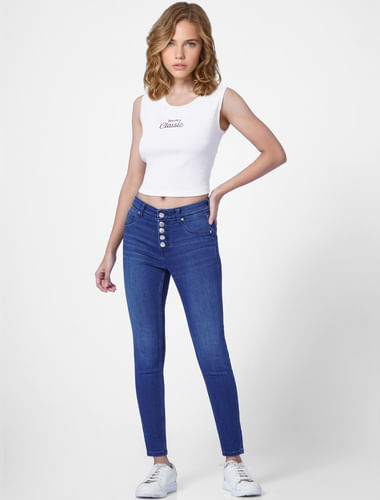 Blue High Rise Button Front Skinny Jeans