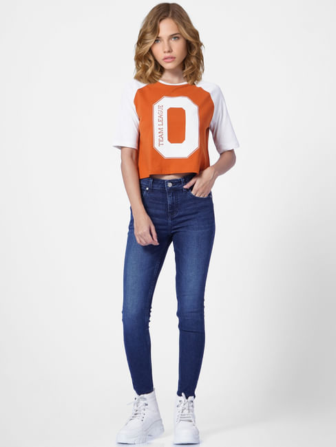 Brown Colourblocked Cropped T-shirt
