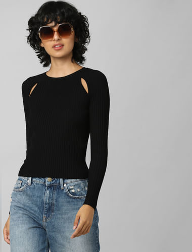 Black Cut Out Detail Ribbed Pullover