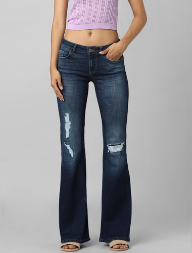 Dark Blue Low Rise Distressed Flared Jeans