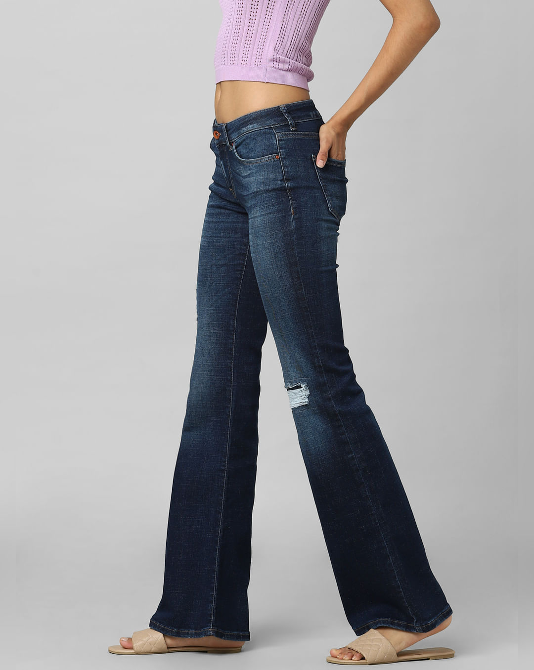 Dark Blue Low Rise Distressed Flared Jeans