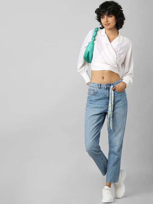 Blue High Rise Washed Straight Fit Jeans