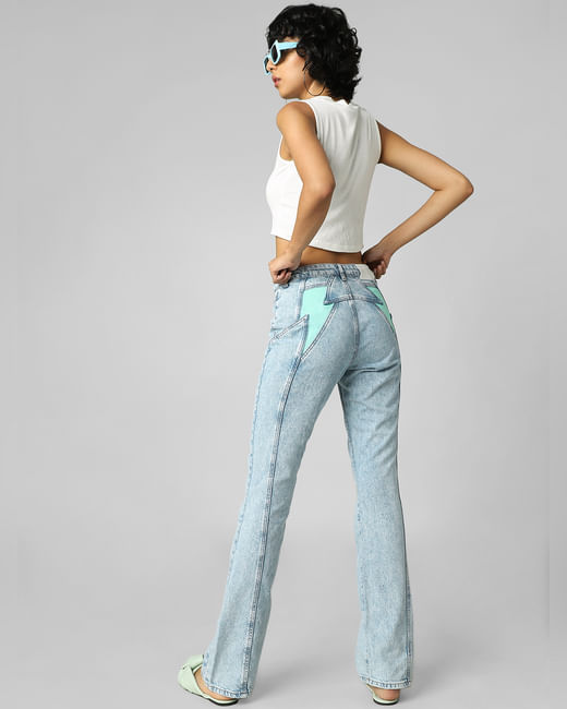Blue High Rise Lightning Patch Flared Jeans