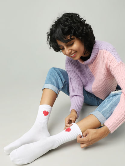 White Heart Print Socks