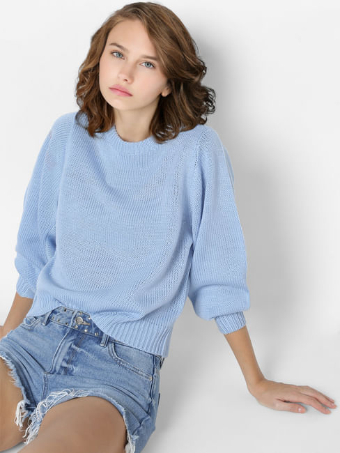 Blue Puff Sleeves Sweater 