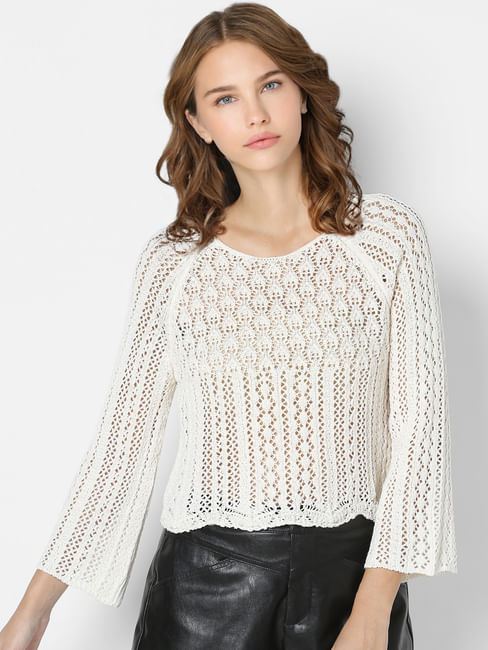 White Crochet Knit Pullover