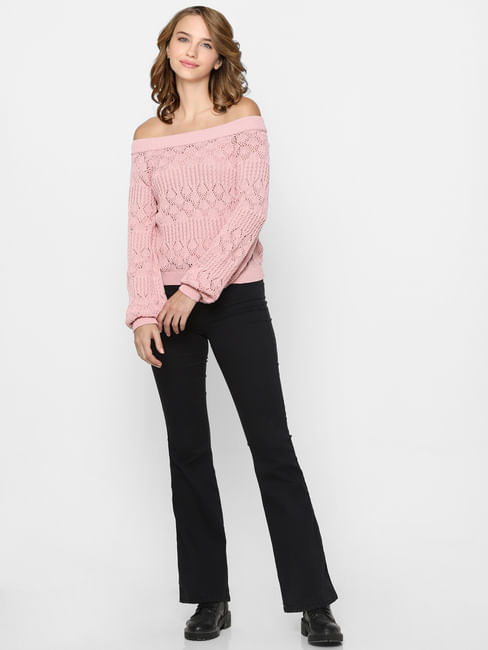 Pink Off Shoulder Knit Pullover 