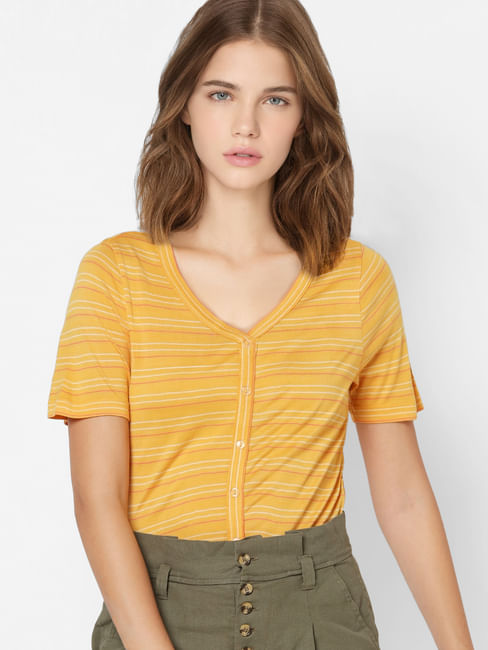 Yellow V Neck Striped T-shirt