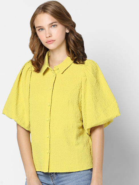 Yellow Textured Puff Sleeves Shirt
