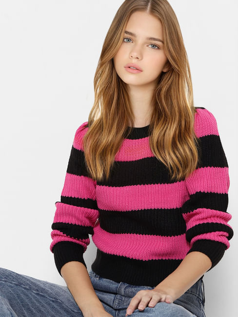 Black & Pink Striped Knit Pullover