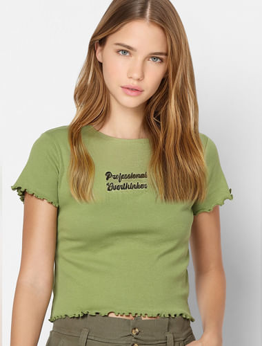 Green Slogan Print Lettuce Hem T-shirt