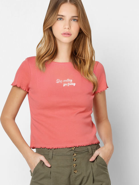 Pink Slogan Print Lettuce Hem T-shirt