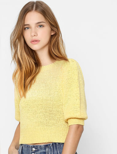 Yellow Puff Sleeves Knit Pullover