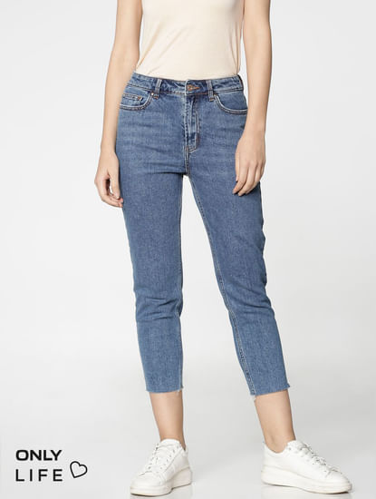 Blue High Waist Cropped Slim Fit Jeans