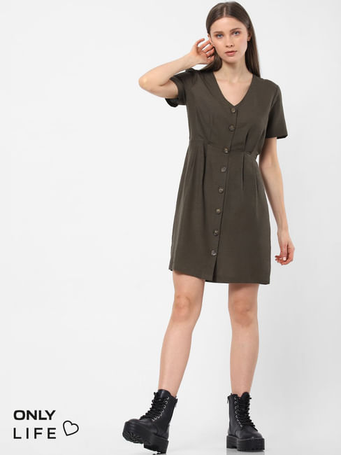 Olive Buttoned Sheath Dress