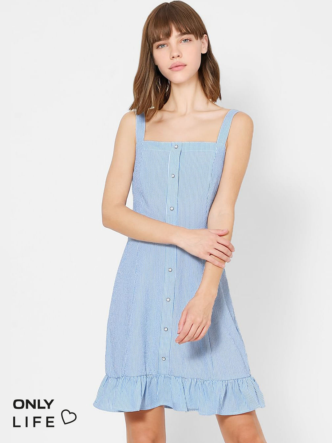 button front blue dress