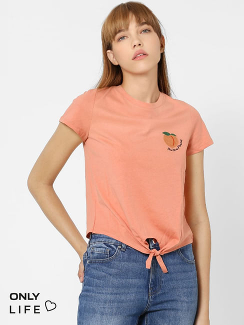 Peach Organic Cotton Placement Print T-shirt