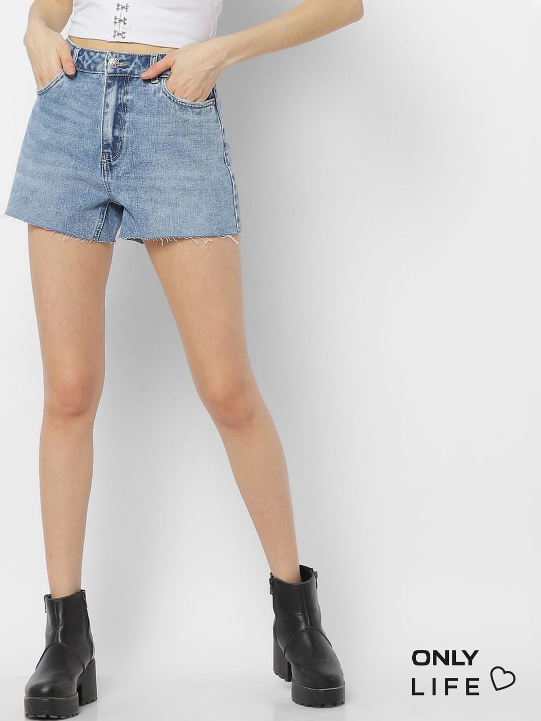 raw edge denim shorts