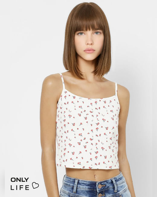 White All Over Print Sleeveless Crop Top