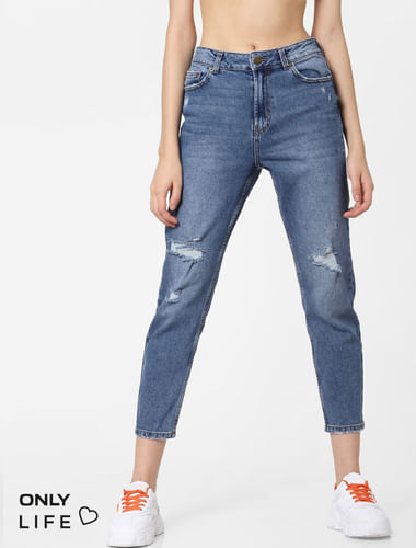 Blue High Rise Distressed Straight Fit Jeans