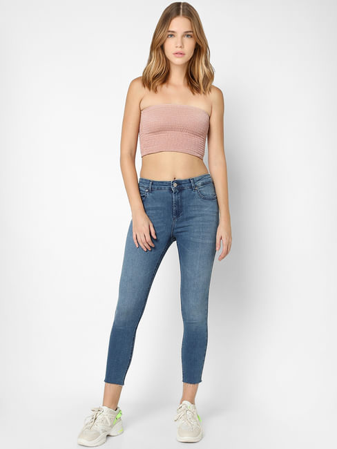 Blue Mid Rise Ankle Cropped Skinny Jeans 